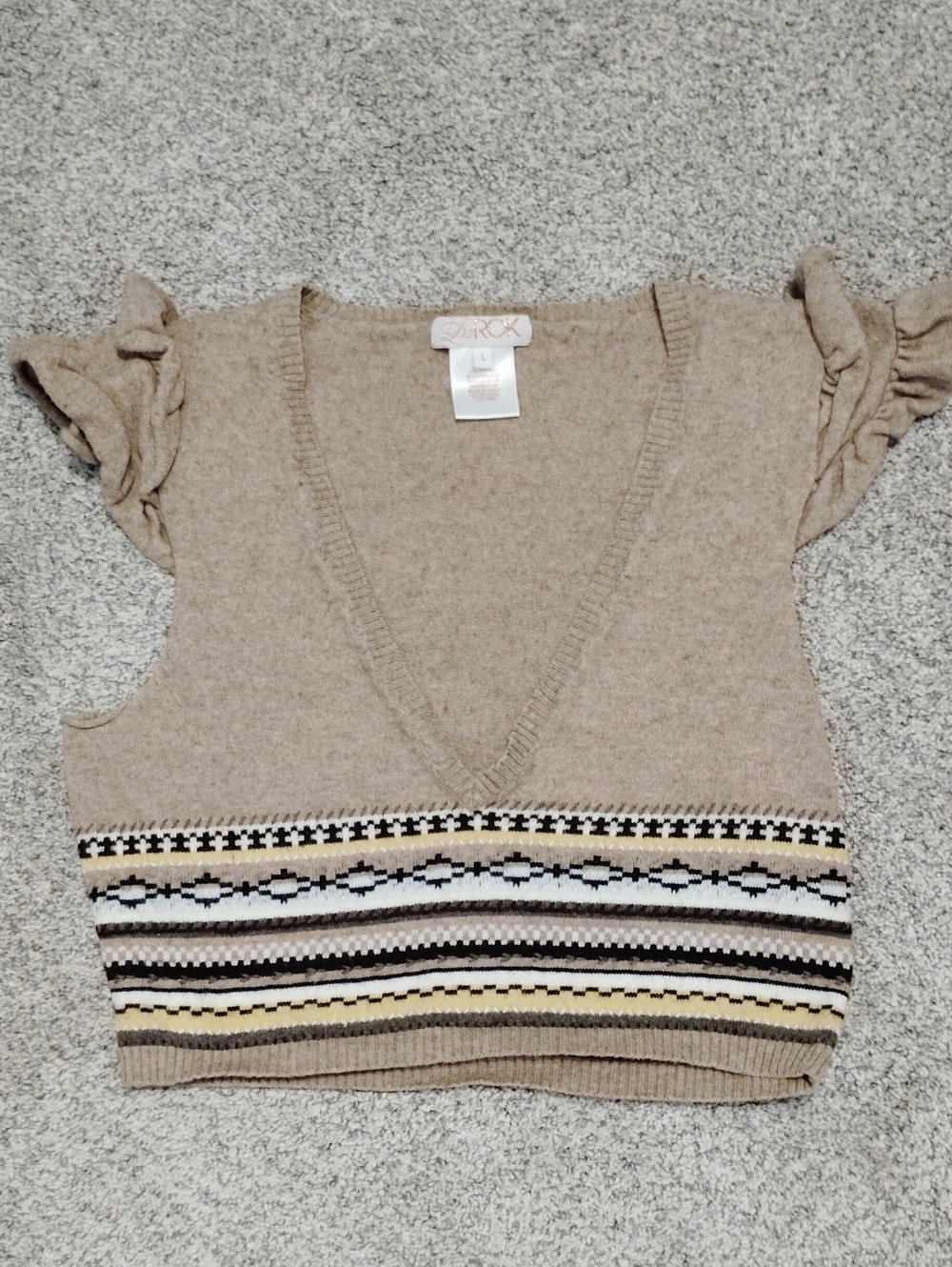 LaRok Neutral Beige V-Neck Knit Crop Top with Striped Hem